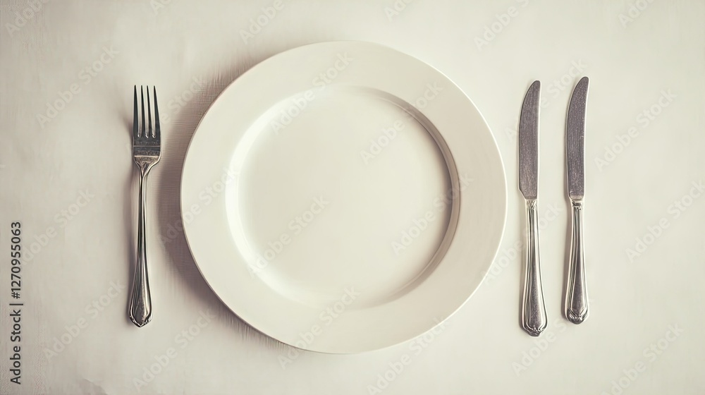 A classic table setting with a ceramic plate, fork, and knife placed separately, on a light-colored background with soft shadows A classic table setting with a ceramic plate, fork, and knife placed separately, on a light-colored background with soft shadows