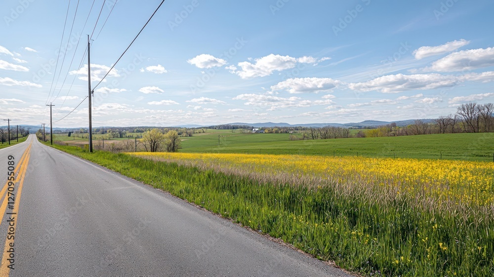 Asphalt Road Through Spring Countryside with Yellow Flowers Asphalt Road Through Spring Countryside with Yellow Flowers