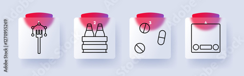 Food and medicine set icon. Fork with design points, beer bottles, pills, scale, dining, beverage, pharmacy, weight measurement, health, nutrition