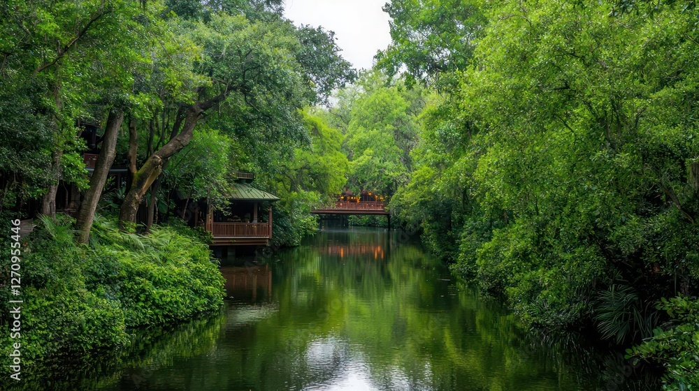 Serene River in Lush Tropical Forest with Wooden Bridge Serene River in Lush Tropical Forest with Wooden Bridge
