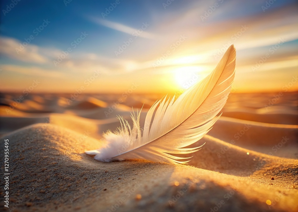 Serene White Feather on Smooth Sand Dune - Ample Space for Text Overlay Serene White Feather on Smooth Sand Dune - Ample Space for Text Overlay
