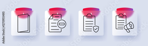 Documentation set icon. Open folder, file with minus sign, checklist with shield, clipboard with megaphone, organization, security, business, paperwork, announcements