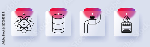 Gas and fuel set icon. Atomic structure, fuel storage tank, pipeline with valve, gas stove, energy supply, resources, industry, petroleum, infrastructure, utilities