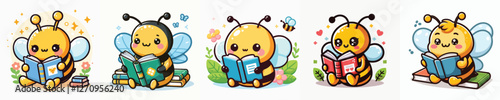 vector of cute bee reading a book