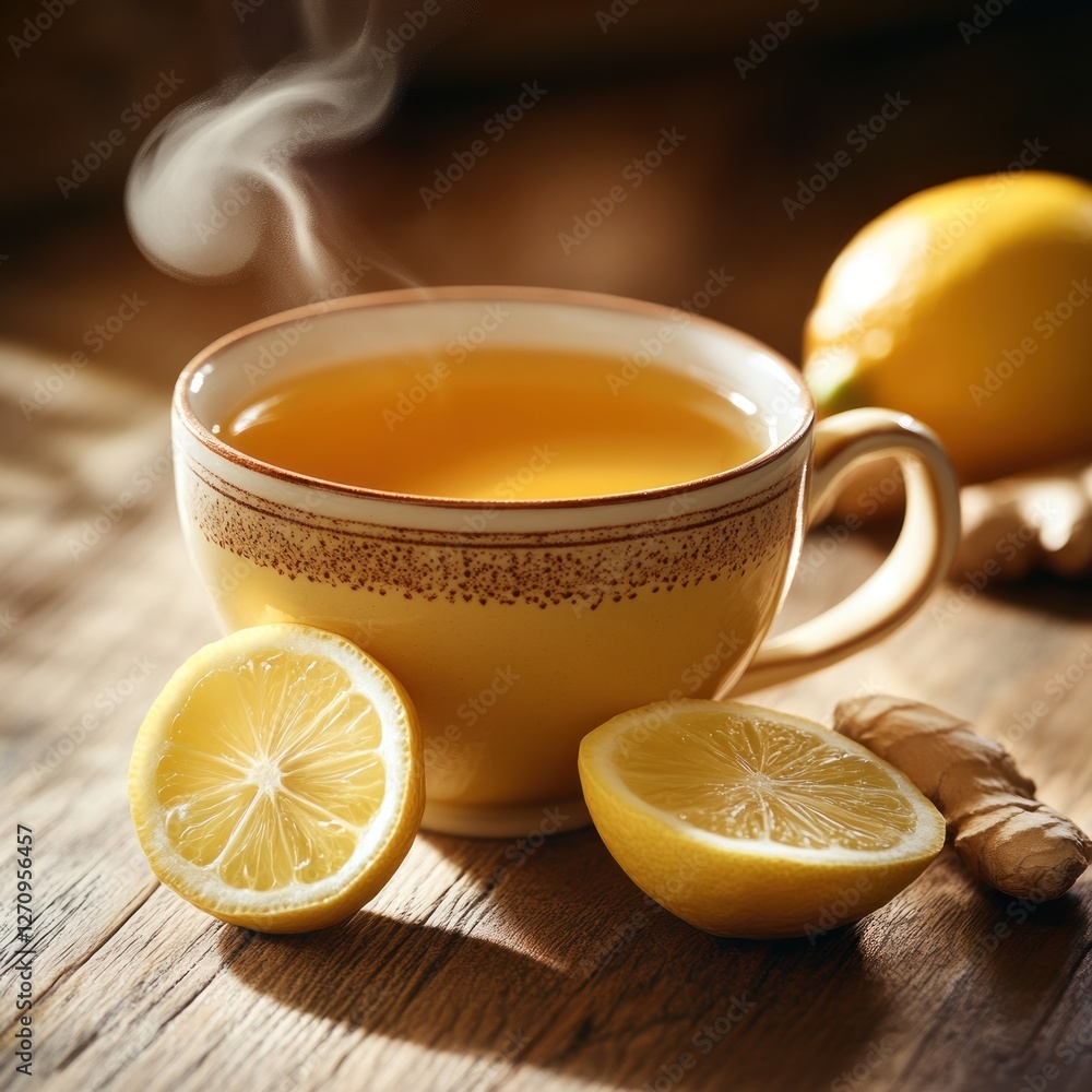 Steaming Cup of Herbal Ginger Lemon Tea on Rustic Wood Steaming Cup of Herbal Ginger Lemon Tea on Rustic Wood