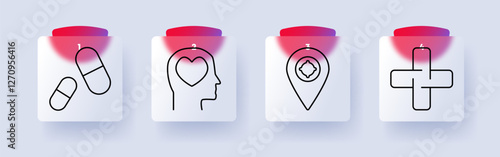 Healthcare set icon. Pills, mental health, location with ribbon, medical cross, wellness, medication, awareness, psychology, support, pharmaceutical industry.