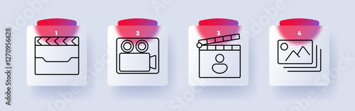 Media and entertainment set icon. Clapperboard, video camera, director board, image gallery, filmmaking, cinema, video production, multimedia