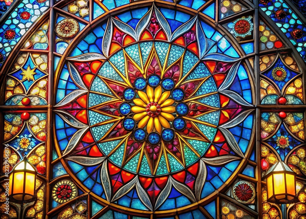 Vibrant Stained Glass Window with Colorful Abstract Design