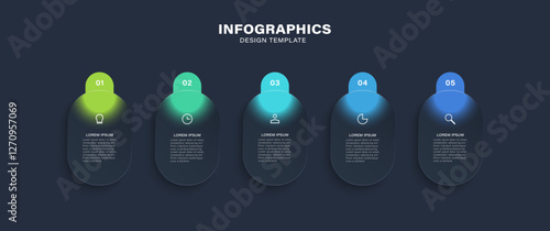 Glass morph inforgraphic 5 steps for presentation, web element or UI UX objects. Vector Illustration