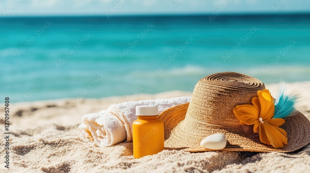 A close-up of sun protection gear like sunscreen, a beach hat, and a towel on the sand, with a clear blue ocean in the background A close-up of sun protection gear like sunscreen, a beach hat, and a towel on the sand, with a clear blue ocean in the background