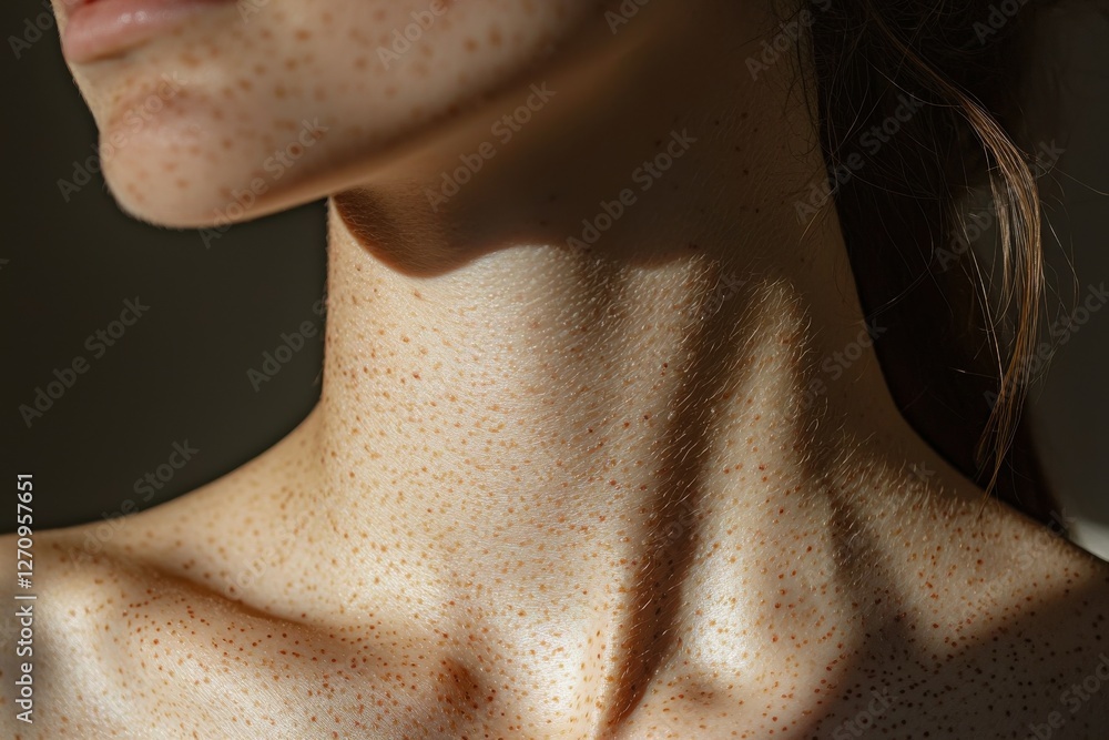 Fototapeta premium Intimate close-up showcasing a woman's neck and shoulders adorned with natural freckles, highlighted by soft sunlight, emphasizing beauty in simplicity and skin details.