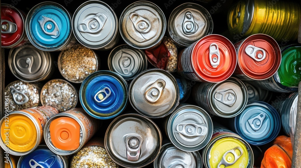 A close-up of various food cans with their labels removed, stacked for recycling. A close-up of various food cans with their labels removed, stacked for recycling.