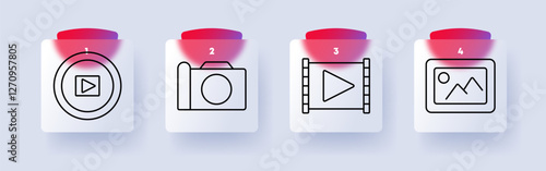 Media set icon. Play button, camera, film strip, image, multimedia, content creation, video, photography, digital media, entertainment, production, visuals, technology, creativity, online.