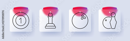 Sports set icon. Medal, chess pawn, bowling ball, pins, competition, strategy, game, achievement, recreation, victory, tactics, challenge, championship, skill, performance, mindset.