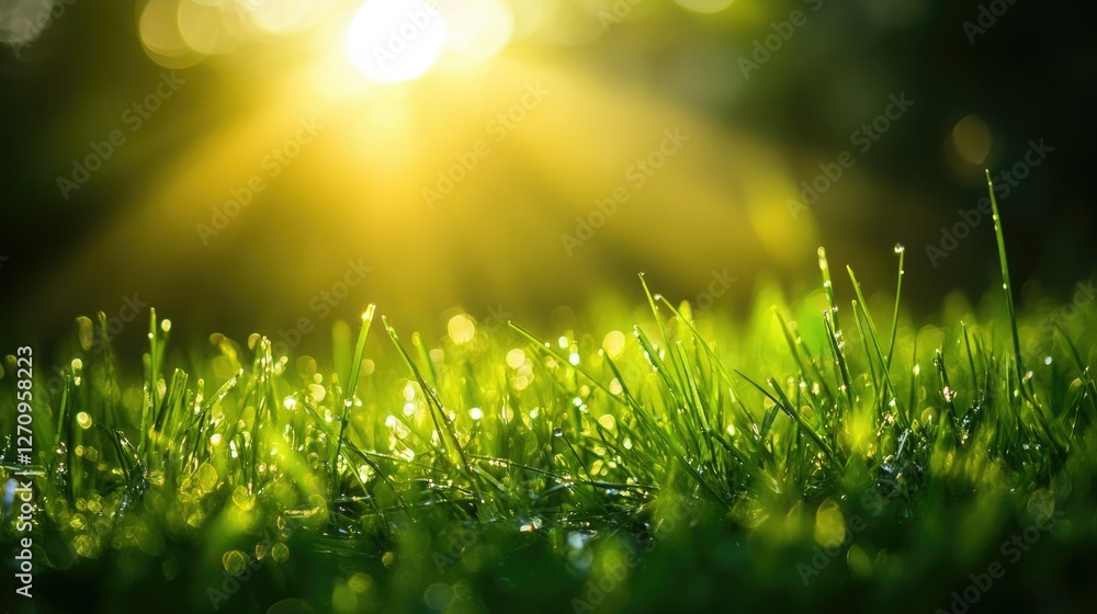 Fototapeta premium A close-up shot of lush green grass with sunlight streaming through, creating a vibrant and refreshing natural scene