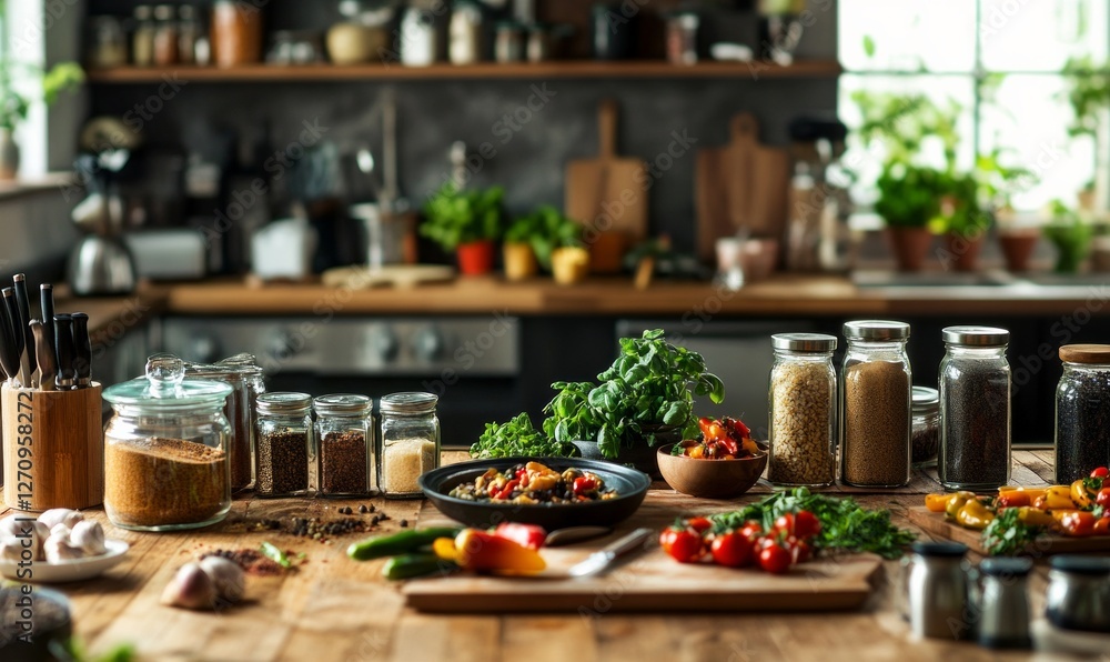 Rustic kitchen with herbs spices and vegetables on wooden counter Rustic kitchen with herbs spices and vegetables on wooden counter