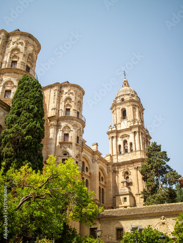 The baroque towers of Malaga Cathedral rise above lush green trees against a clear blue summer sky in Malaga Spain