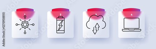 Digital technology set icon. Gear network, battery, cloud storage, laptop, connectivity, power, computing, software, cloud services, online work, automation, remote access, innovation.