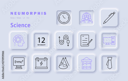 Science set icon. Brain with gear, clock, teamwork, pen, physics, battery, formulas, engineering, geometry, education, research, innovation, knowledge, mathematics, intelligence