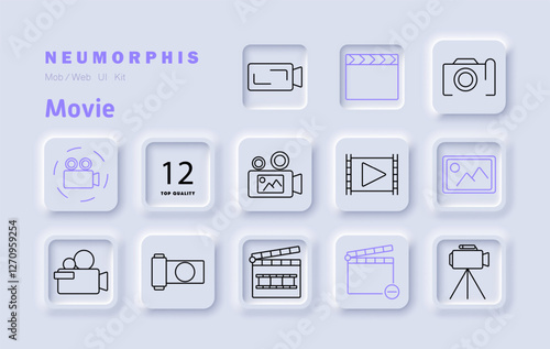 Movie set icon. Camera, clapperboard, image, film reel, play button, recording, multimedia, digital content, production, video editing, creativity, cinema, entertainment, filmmaking