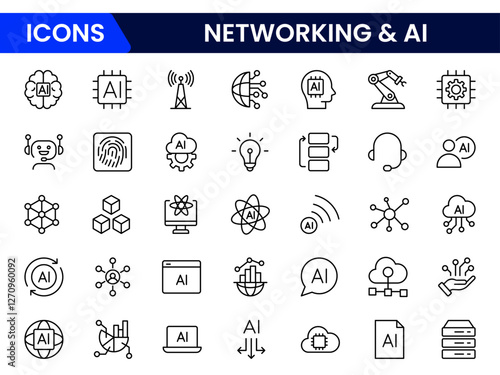 Artificial intelligence set of web icons in line style. AI technology icons for web and mobile app. Machine learning, digital AI technology, algorithm, smart robotic, cloud computing network