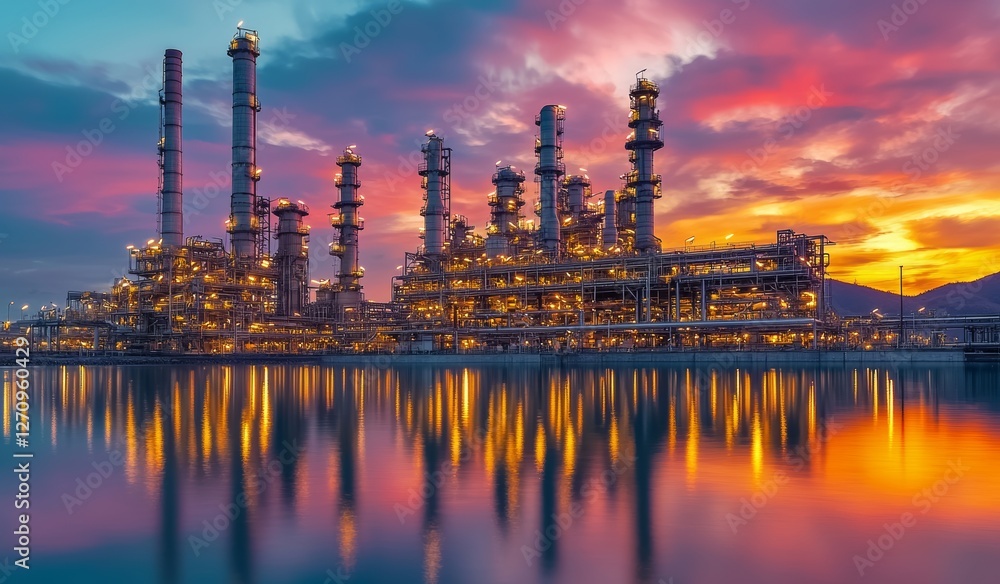 Fototapeta premium Oil gas refinery with its reflection, surrounded by a factory and a petrochemical plant