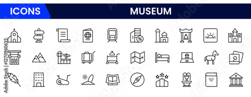 Museum ancient exhibit and service for tourist visit line icons set. Classic pillar, sculpture and painting, book and jewel, museum staff badge thin black and red outline symbols vector illustration