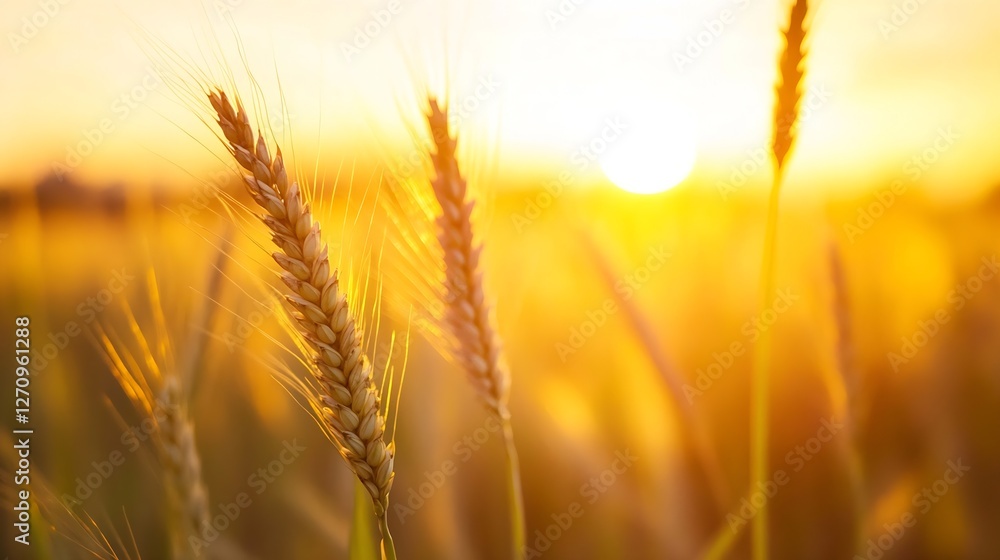 Golden sun setting over a wheat field with rippling ears of grain illuminated by warm sunlight : Generative AI Golden sun setting over a wheat field with rippling ears of grain illuminated by warm sunlight : Generative AI