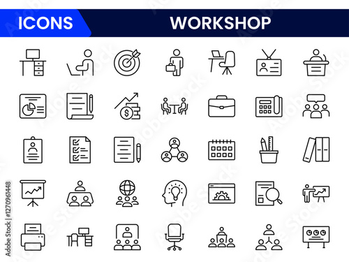 Workshop set of web icons in line style. Business Workshop icons for web and mobile app. Containing team building, teamwork, coaching, meeting, managing, coaching, motivation and more