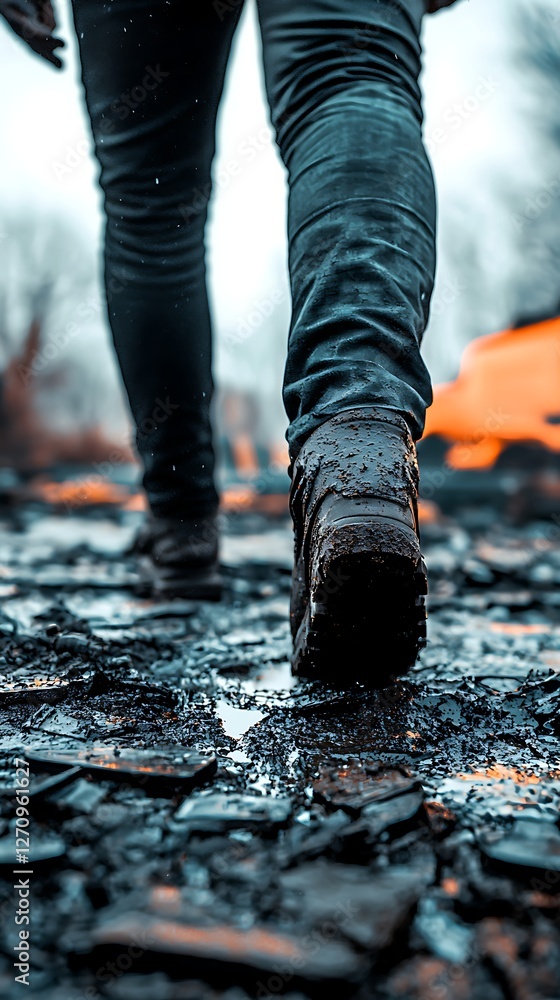 A person walks through a muddy, rugged terrain, showcasing a close-up of their boots and jeans amidst a misty, atmospheric backdrop. A person walks through a muddy, rugged terrain, showcasing a close-up of their boots and jeans amidst a misty, atmospheric backdrop.