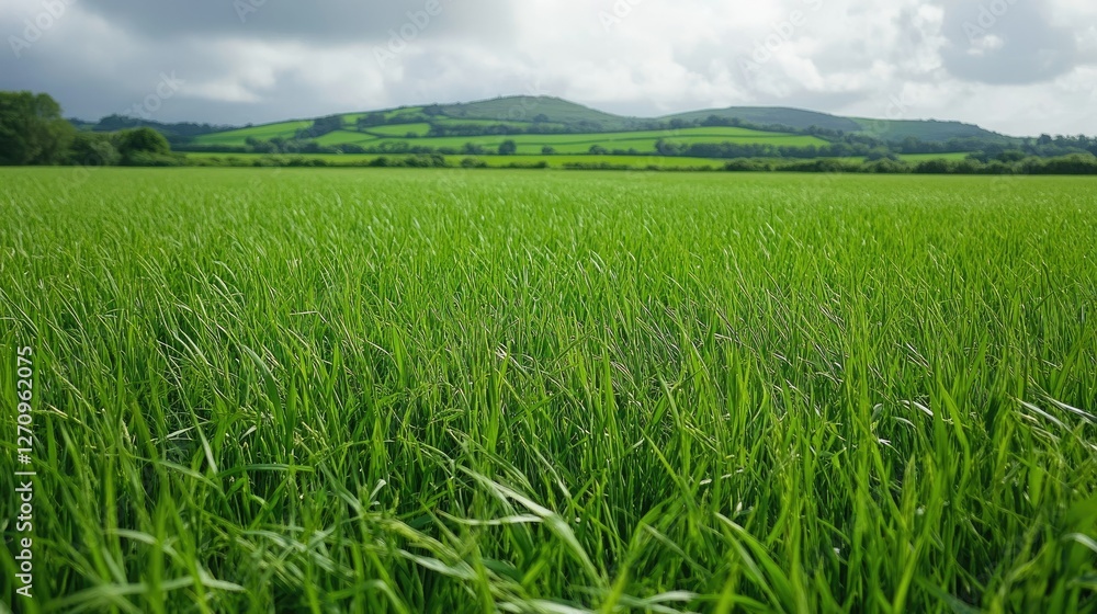 A field of fresh green grass in a rural setting, with rolling hills in the background, creating a tranquil countryside scene A field of fresh green grass in a rural setting, with rolling hills in the background, creating a tranquil countryside scene
