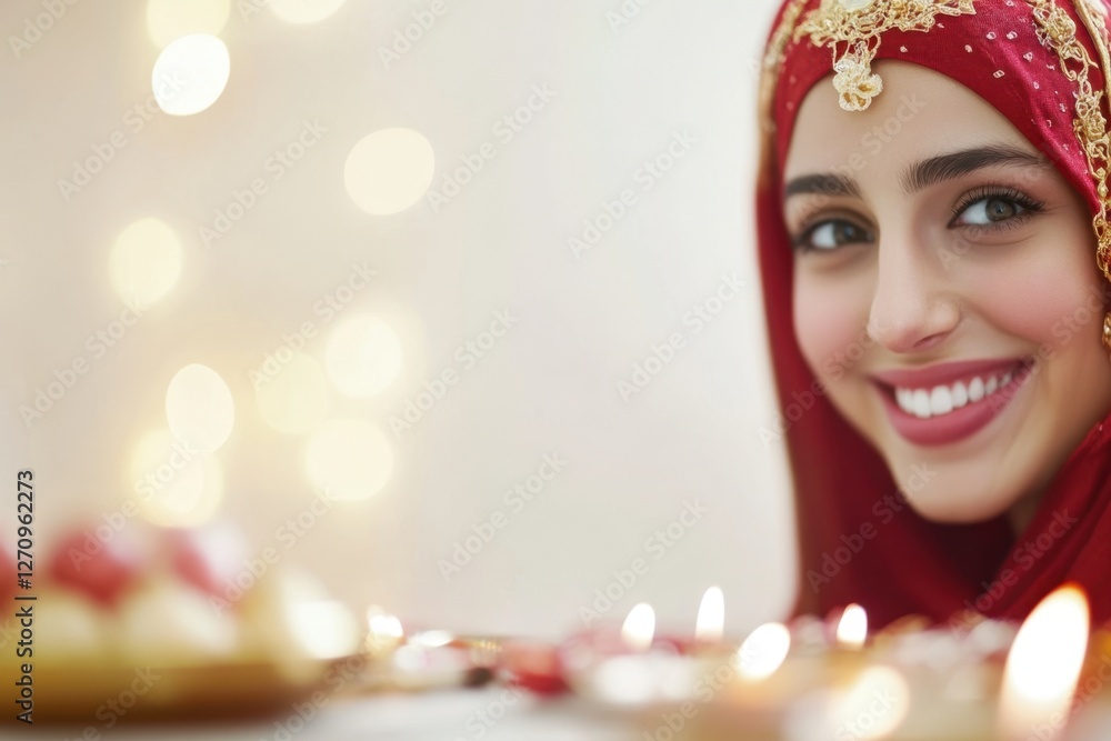Smiling Woman in Traditional Attire with Candles and Festive Lights Background Smiling Woman in Traditional Attire with Candles and Festive Lights Background