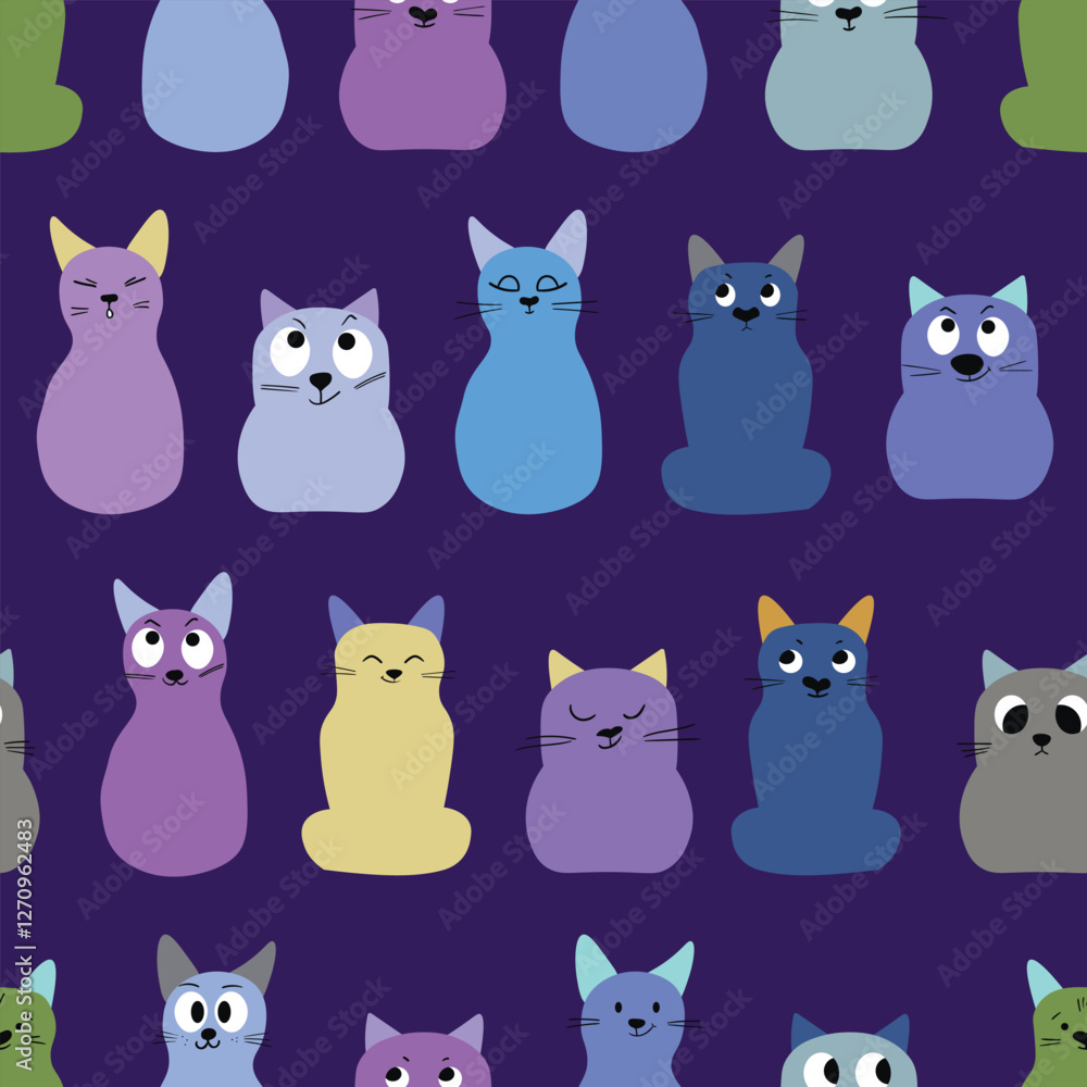 Seamless pattern with cute kitten print. Different scandy cats on color background. Scandinavian style illustration for kids. Vector illustration for fabric, textile, wallpaper, home clothing, pajama.
