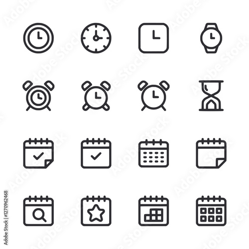 A set of black and white icons for calendars, Alarms