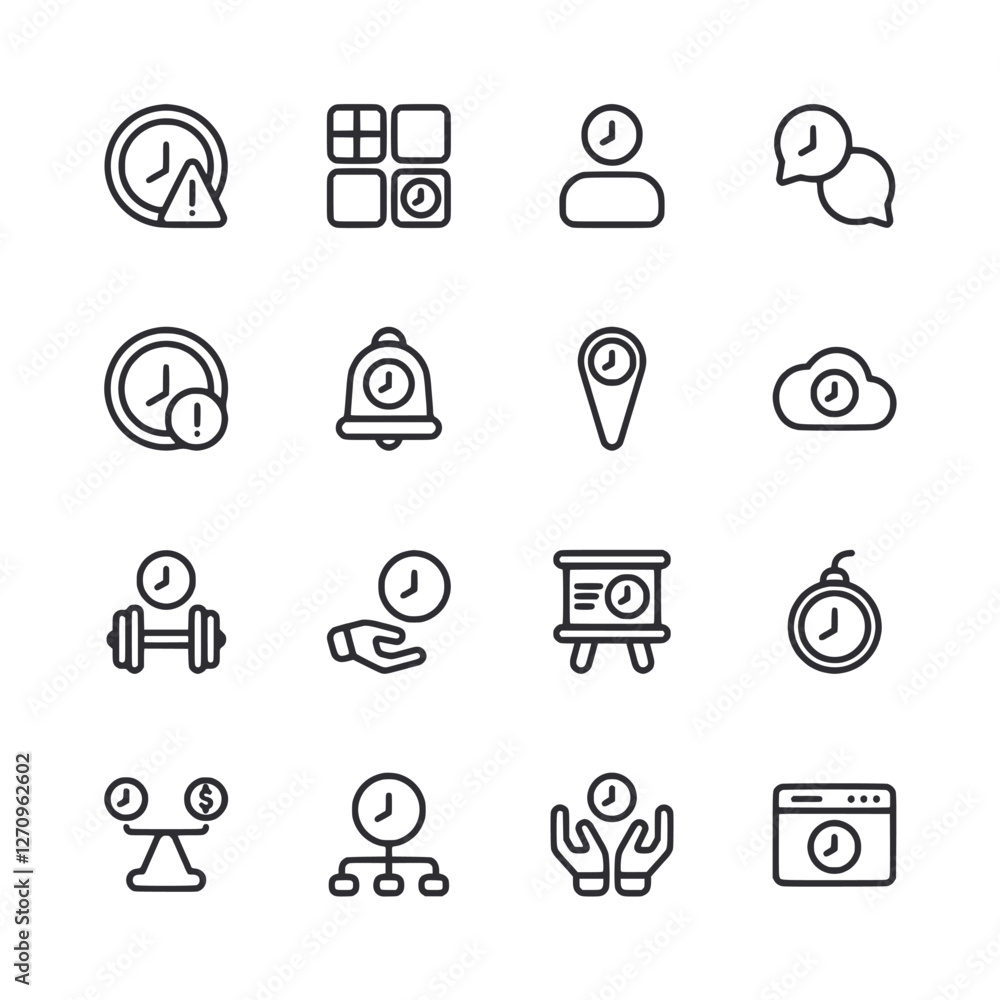 A set of icons that include clocks, a bell, a scale, a person A set of icons that include clocks, a bell, a scale, a person