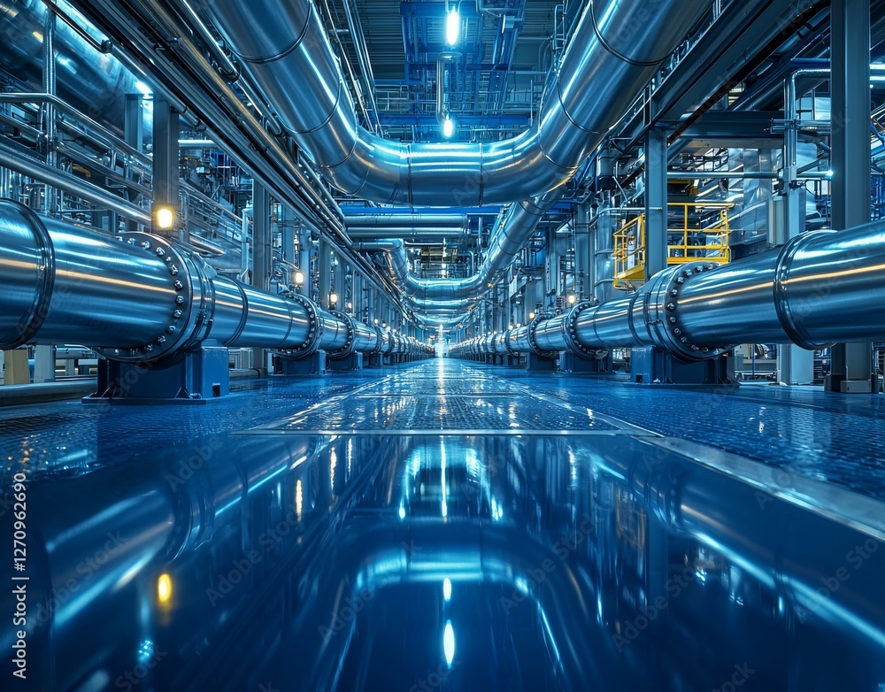 Obraz premium Steel pipelines with a blue color scheme reflecting in the industrial zone