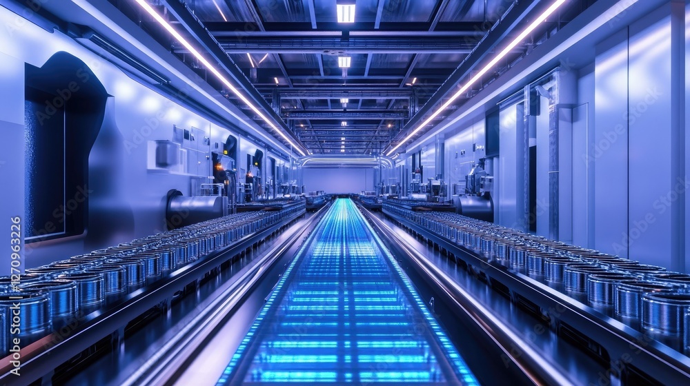 A futuristic, high-tech food factory with conveyor belts filled with metal cans under bright LED lighting. A futuristic, high-tech food factory with conveyor belts filled with metal cans under bright LED lighting.