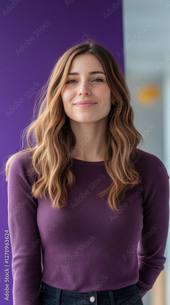 Smiling Woman in Casual Outfit with Purple Background Smiling Woman in Casual Outfit with Purple Background