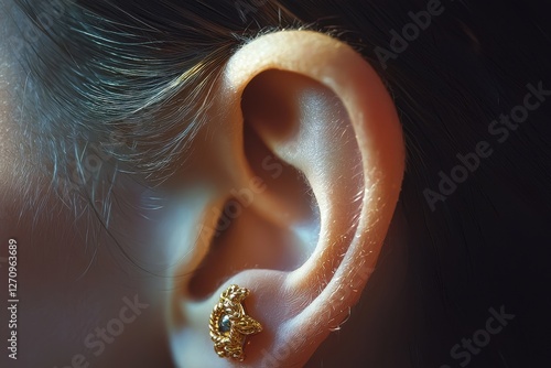 Close-up of a woman's ear with an ornate gold earring, highlighting delicate skin texture and fine details in a soft, warm light, with dark hair. photo