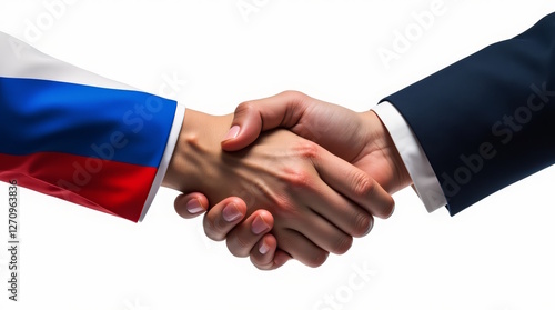 handshake of men's hands with the flag of Russia