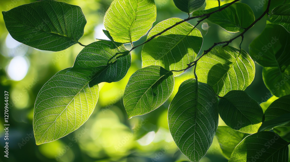 Lush green leaves illuminated by sunlight in vibrant natural setting Lush green leaves illuminated by sunlight in vibrant natural setting