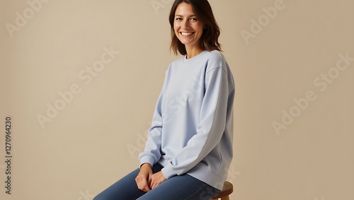 Smiling Woman in a Light Blue Sweatshirt