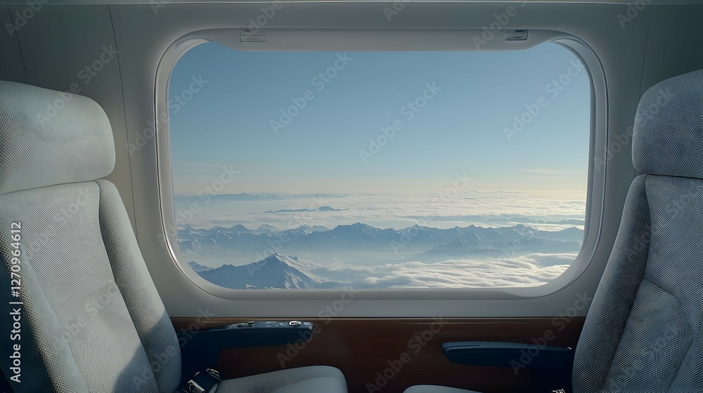 Airplane Window View of Mountain Range and Clouds Airplane Window View of Mountain Range and Clouds