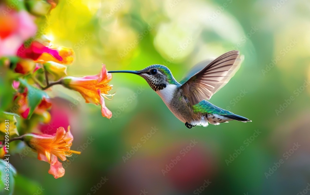 Fototapeta premium A tiny hummingbird hovering near a bright flower