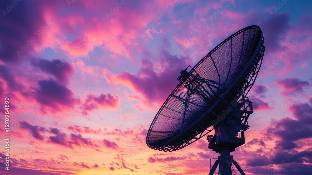 A high-tech satellite dish under a breathtaking sunrise, with pink and purple clouds painting the sky. A high-tech satellite dish under a breathtaking sunrise, with pink and purple clouds painting the sky.