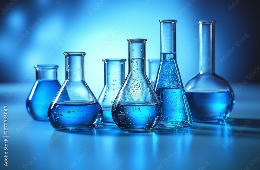 Laboratory equipment, bottles, and flasks placed on a blue background Laboratory equipment, bottles, and flasks placed on a blue background