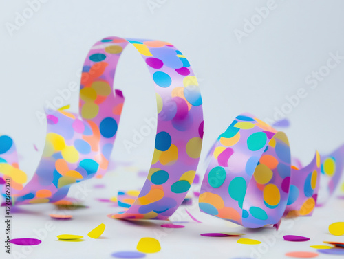Confetti and colorful streamers isolated on white background