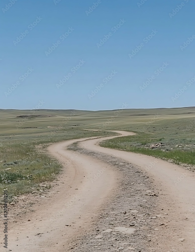 Winding dirt road through a grassy plain under a vast clear blue sky. Winding dirt road through a grassy plain under a vast clear blue sky.