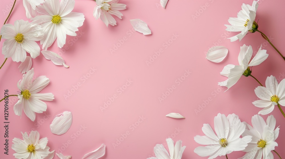 Delicate White Cosmos Flowers on Pink Background Delicate White Cosmos Flowers on Pink Background