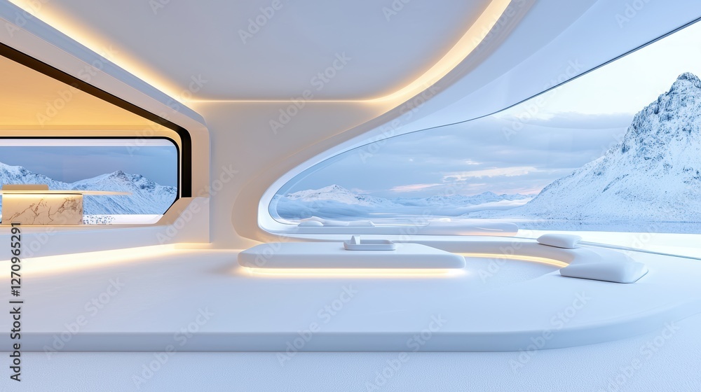 Fototapeta premium AI-powered futuristic home workspace, smart assistant technology, high-tech minimalism with holographic screens
